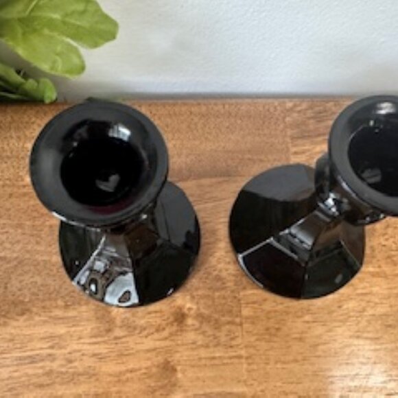 Vintage Indiana Glass Black Amethyst Candle Holders Pair Gothic Decor Art Deco S - Picture 4 of 5